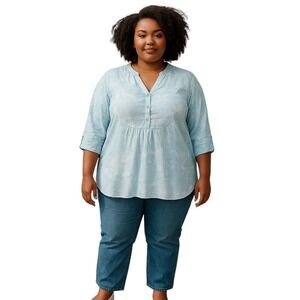 Hope Springs Green Buttoned Neckline Loose Fit Patterned Tunic Blouse‎ LG